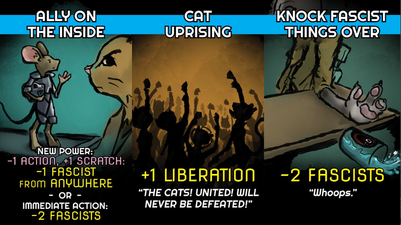 Some of the action cards from the game, including a bonus for knocking fascist stuff over.